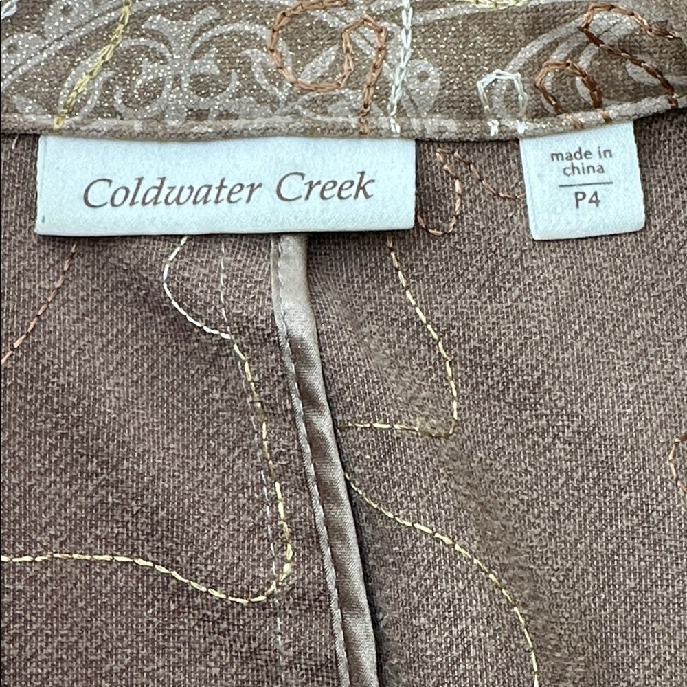 Coldwater Creek Jacket Brown Embroidered Floral Gold Glitter 3/4 Sleeve Jacket - Picture 6 of 7